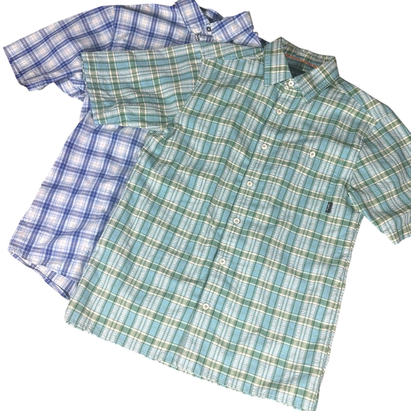 2-Lot Orvis Button Down Shirt Mens M Blue Green Plaid Short Sleeve Active Fit